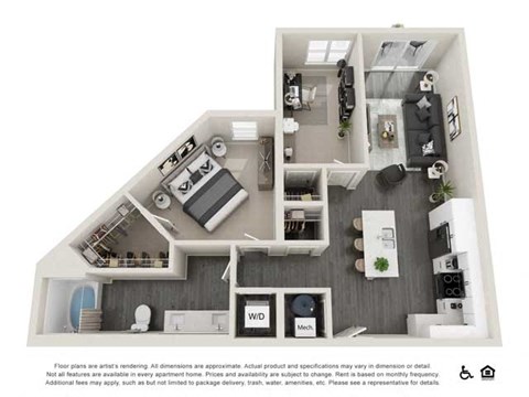 Floor plan for 1 bed, 1 bath, 953 sqft